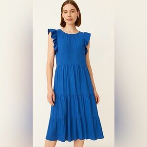 LOFT Blue Textured Ruffle Sleeve Tiered Midi Dress NWT Size Large